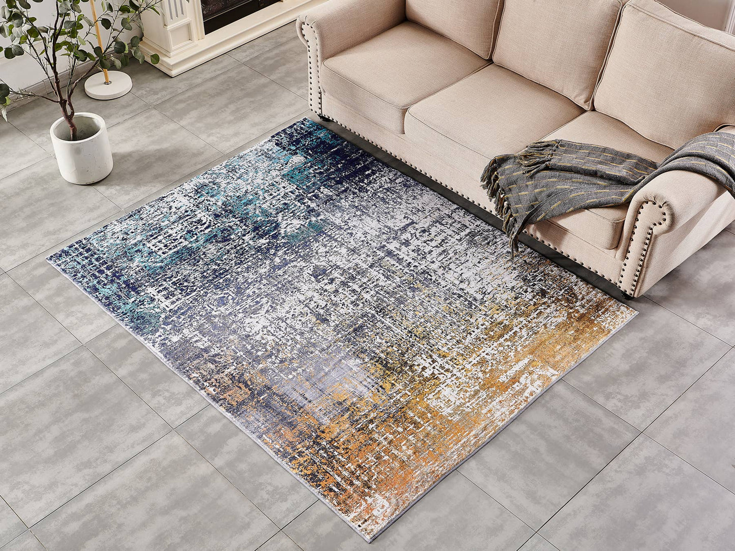 Turquoise, Gray and Orange Area Rug