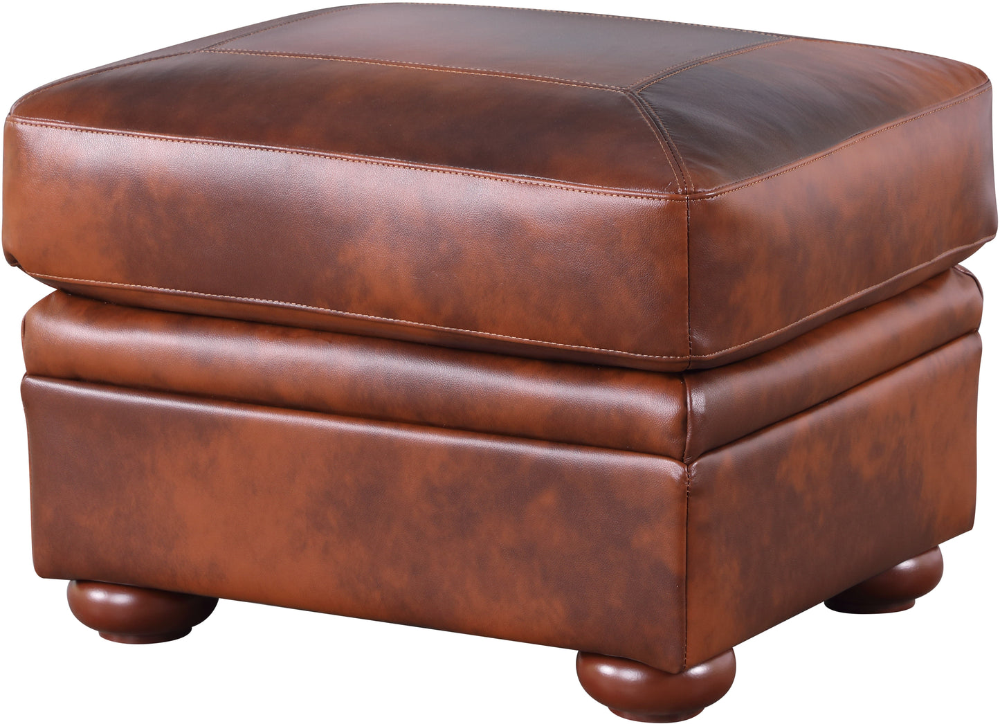 a brown leather ottoman with wooden legs