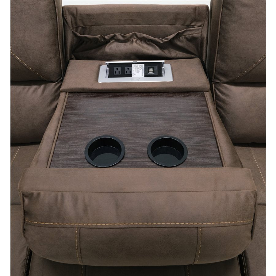a table with a cup holder on the side of a couch