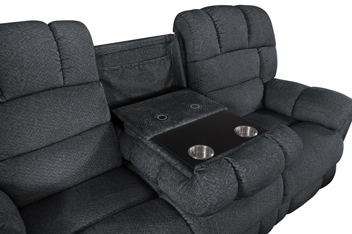 a couch with a tray and a drink holder