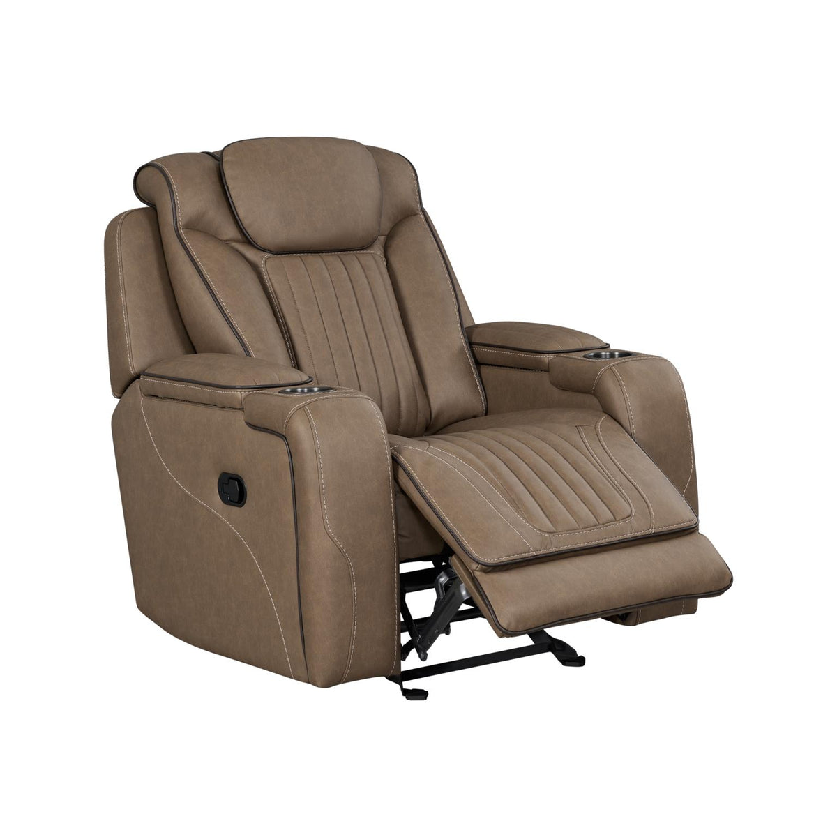 a brown recliner with white stitching