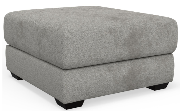 a grey ottoman with black legs