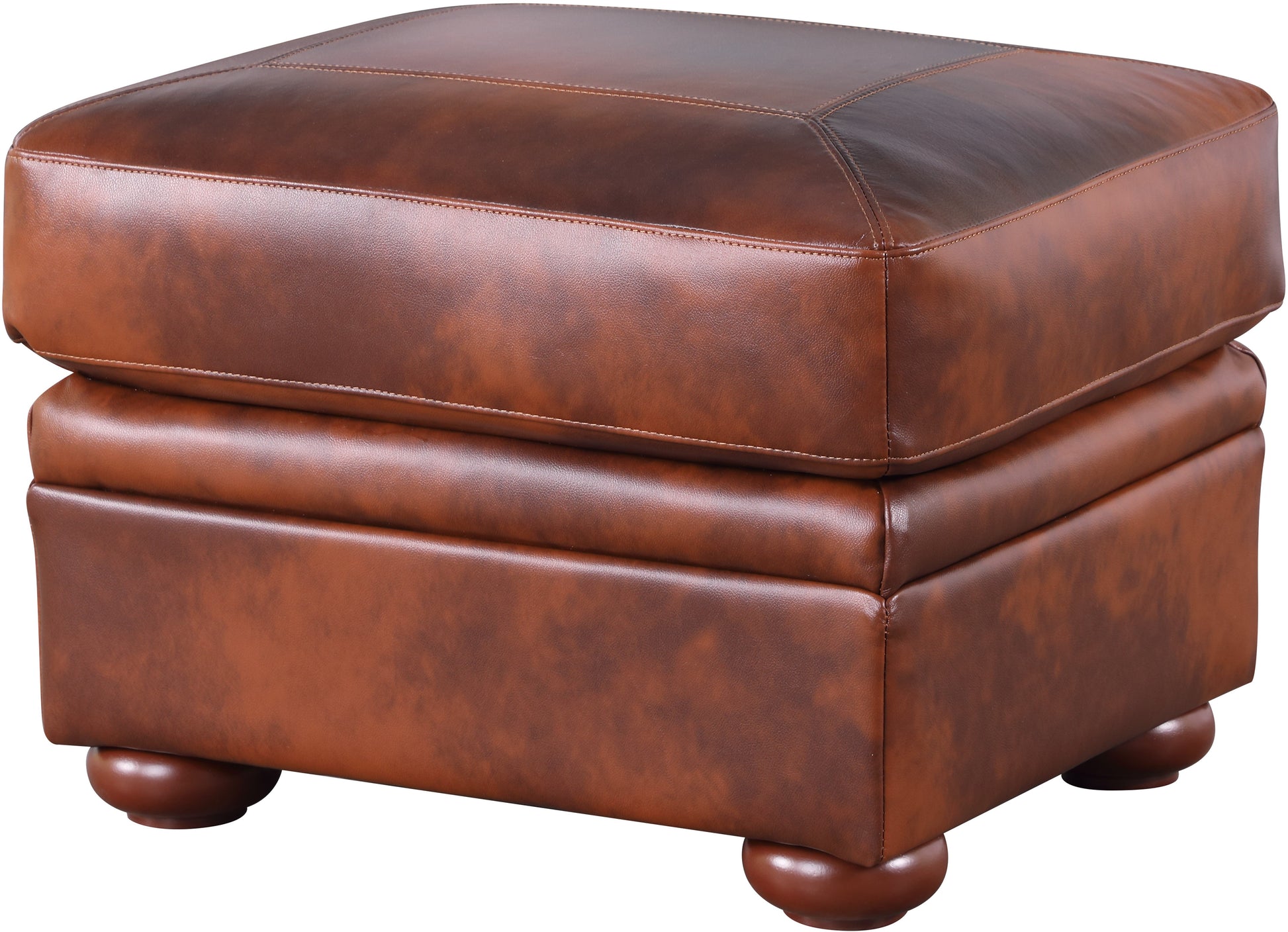 a brown leather ottoman with wooden legs