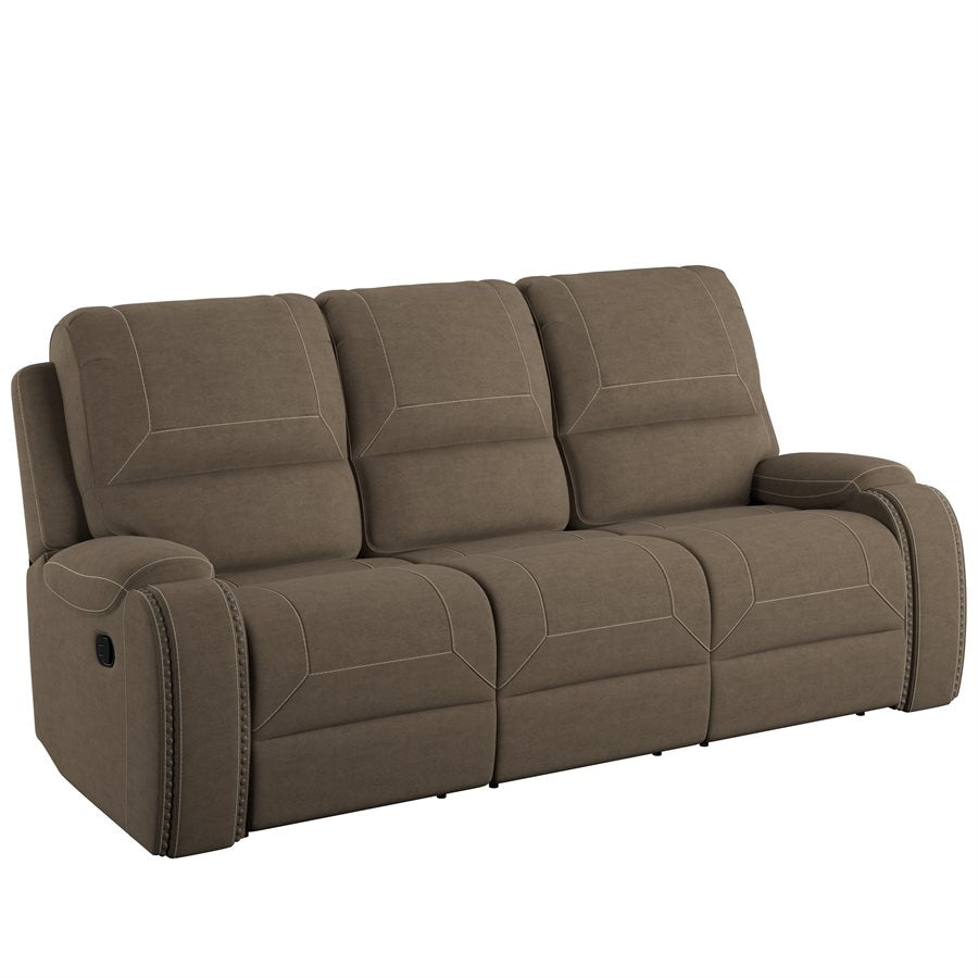 a brown couch with white stitching