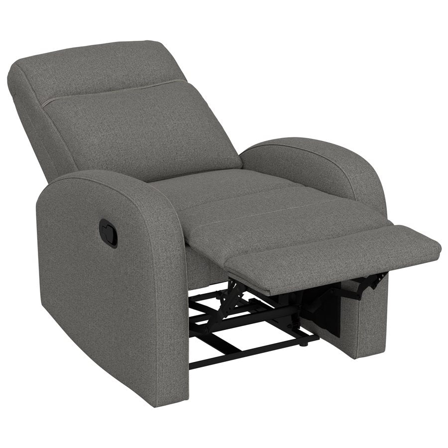 a grey recliner with a white background