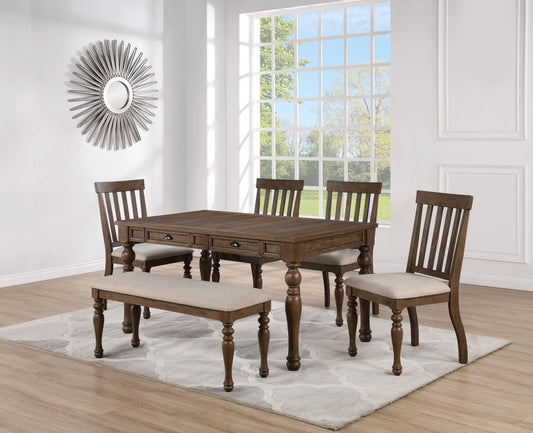 a dining table and chairs in a room