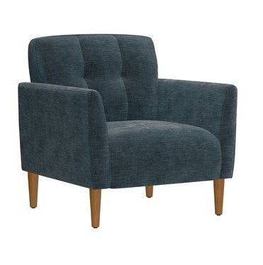 a blue chair with wooden legs