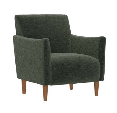 a green chair with wooden legs