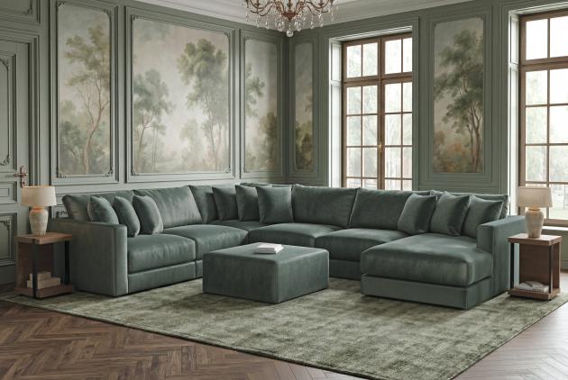 a living room with a large sectional sofa