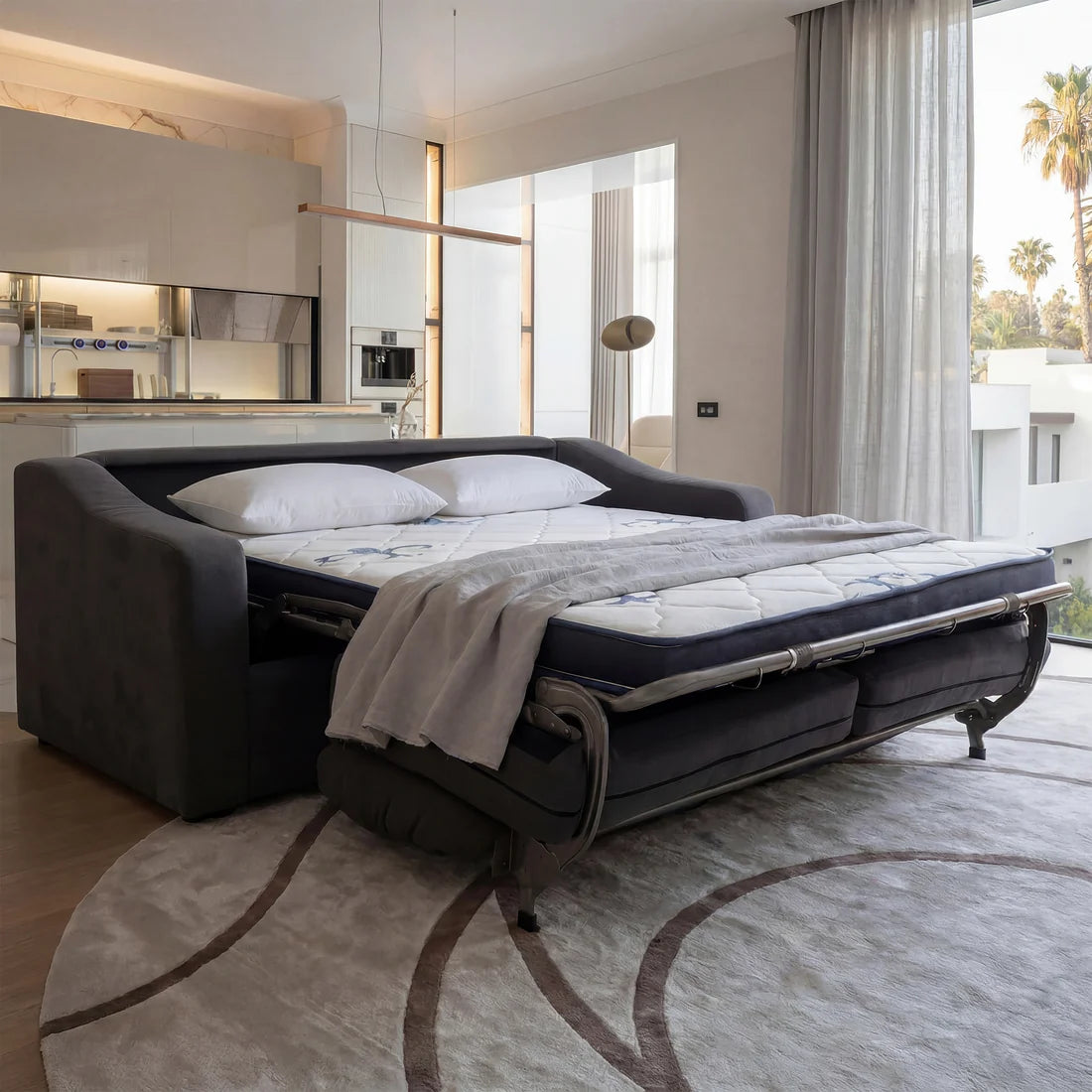 a bed with a mattress in a room