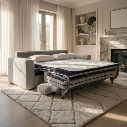 a bed with a mattress in a room with a fireplace