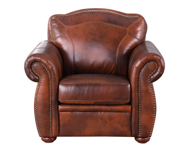 a brown leather chair with studded trim